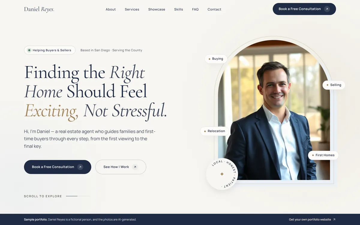 Sample portfolio of a real estate agent, navy and sand palette
