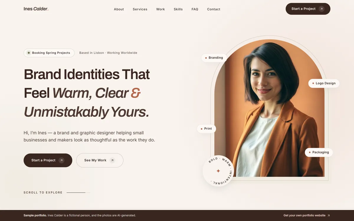 Sample portfolio of a brand and graphic designer, terracotta palette