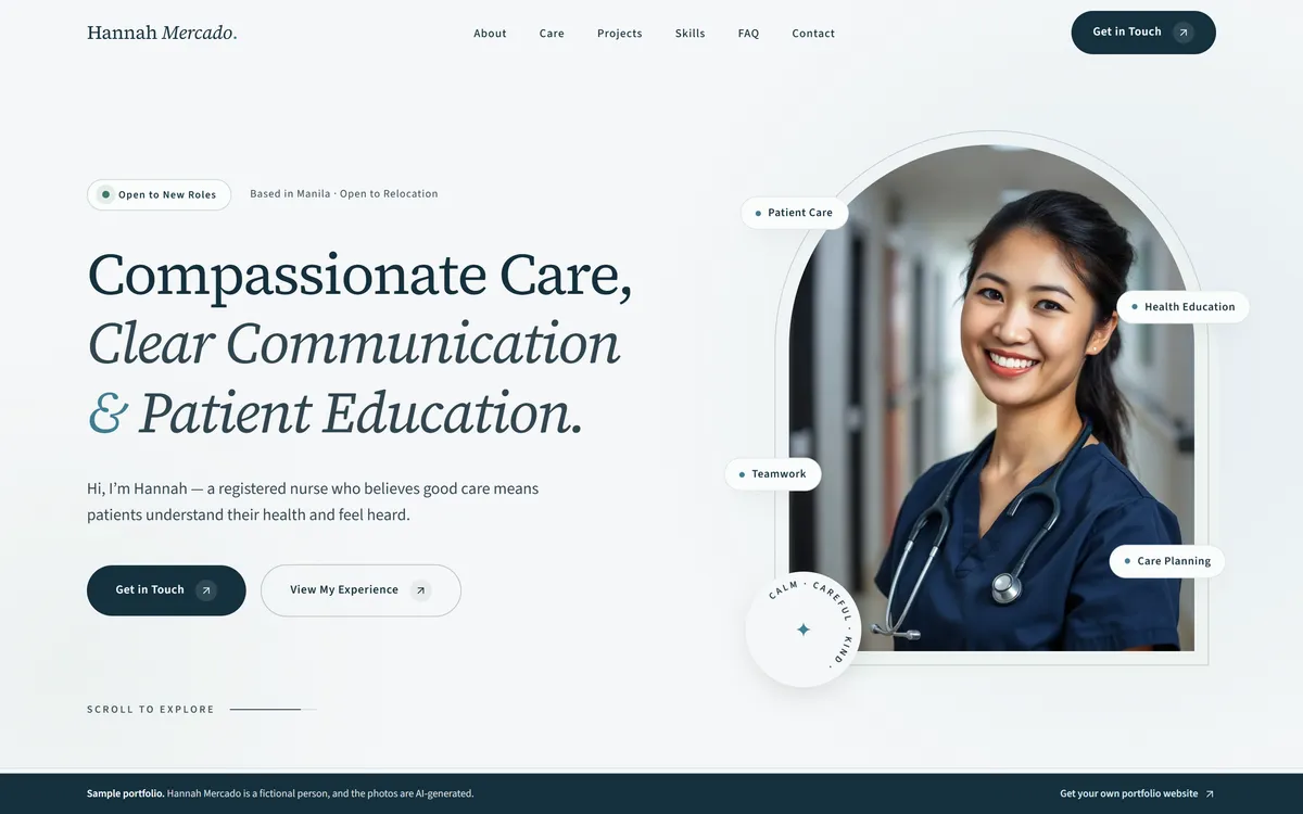 Sample portfolio of a registered nurse, ocean palette