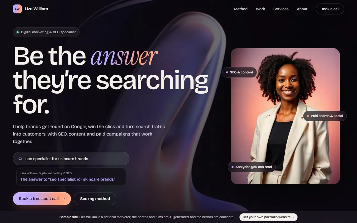 Sample portfolio of a digital marketer and SEO specialist, dark design with lilac and coral glow